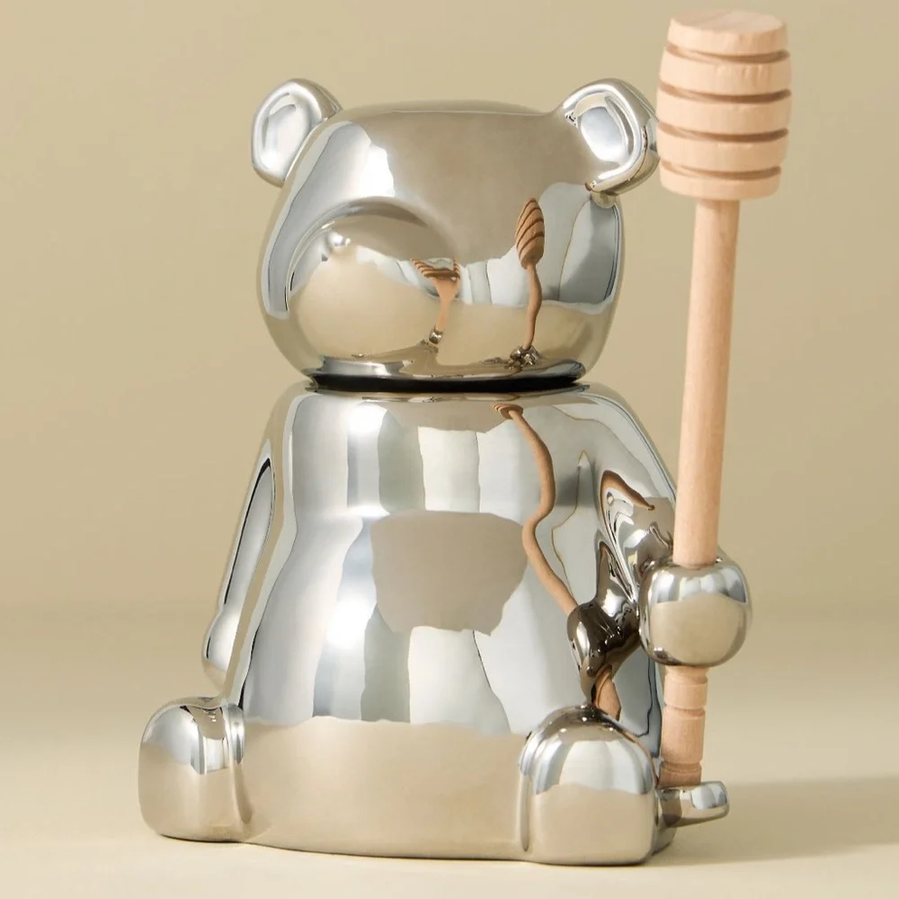 Anthropologie Silver Metallic Bear Honey Jar /Pot w/ Wooden Dipper in Bear’s Paw - Picture 2 of 13